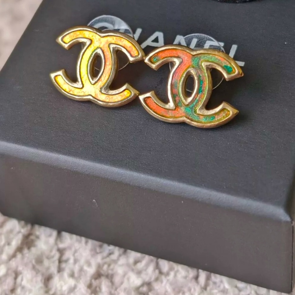 Chanel Gold Iridescent Hologram Multicolor Earrings